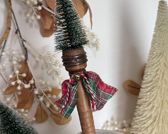 Vintage wooden textile bobbin Christmas decor bottle brush tree red green plaid fun to display in crocks and mix in your holiday decor