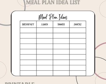 Meal Plan Idea's Chart Simple Design Breakfast Lunch Dinner | Vertical Printable pdf - INSTANT DOWNLOAD