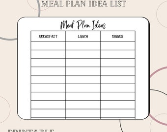 Meal Plan Idea's Chart Simple Design Breakfast Lunch Dinner | Vertical Printable pdf - INSTANT DOWNLOAD