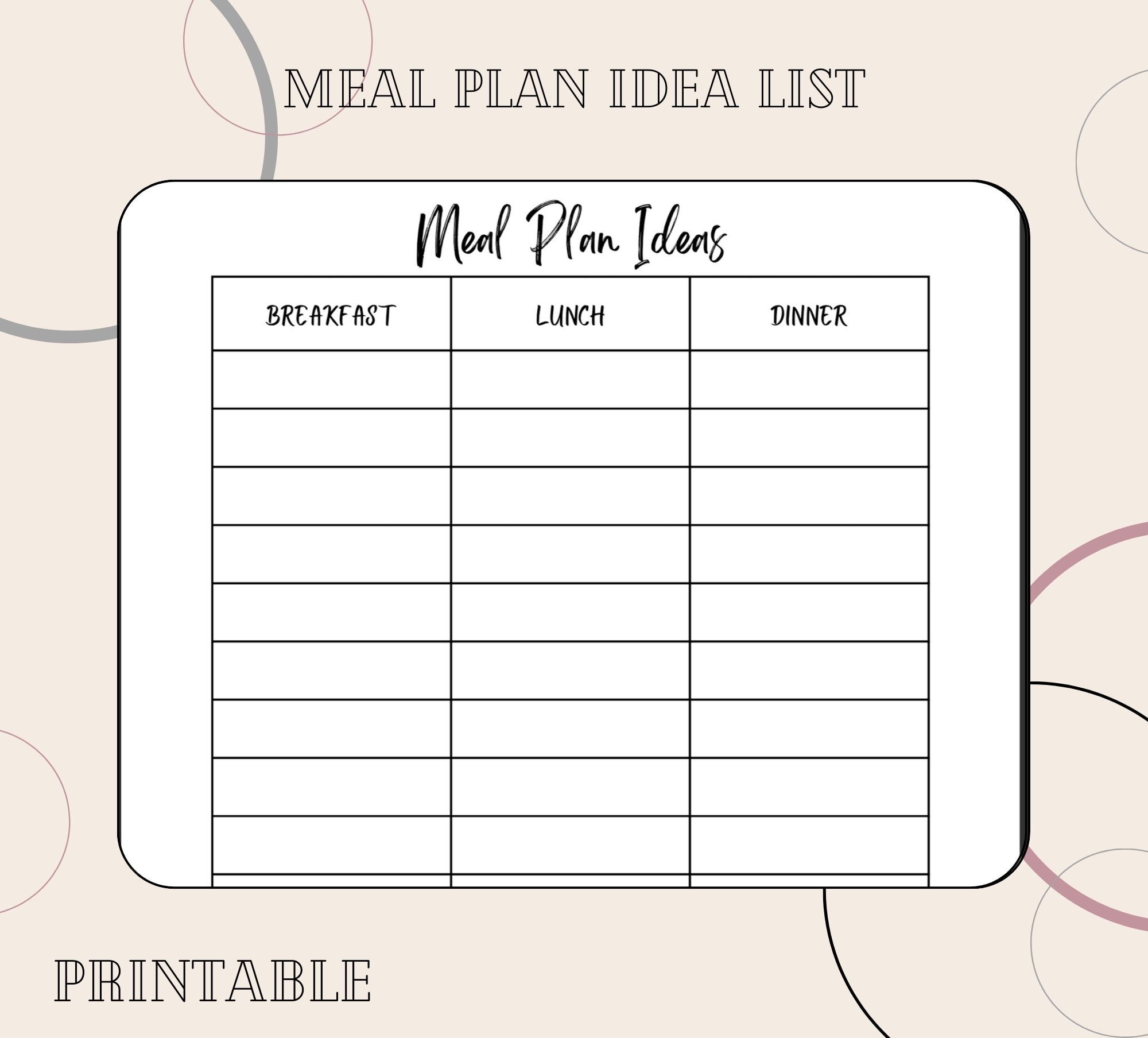 Meal Plan Idea's Chart Simple Design Breakfast Lunch Dinner Vertical ...