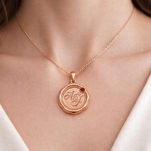 925 Sterling Silver Custom Initial Necklace, Rose Gold Wax Seal Style Pendant with Ruby, First Anniversary Gift for Her