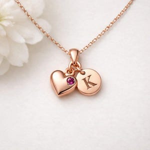 Wedding Day Jewelry: Rose Gold Plated Sterling Silver Tiny Heart Initial Necklace, Ruby Accent Duo Charm, Personalized Bridal Gift