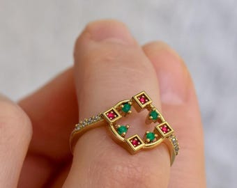 Anillo de oro de 14k con diseño personalizado - Anillo vintage único hecho a mano con piedras naturales y gemas - Joyería artesanal
