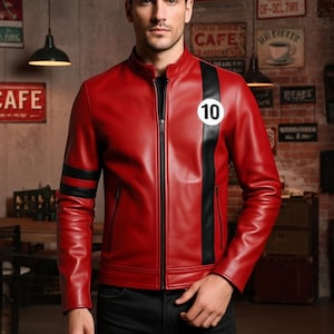 May include: A red leather jacket with a black stripe down the left side and black stripes on the left sleeve. The number "10" is displayed on the upper left chest. The jacket has a zipper closure and a stand-up collar.