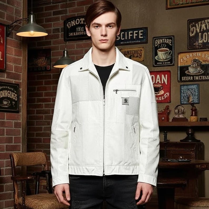 May include: A white jacket with a zipper closure, a small chest pocket, and a collared neckline. The jacket has a textured appearance and is worn over a black shirt. The background features vintage-style signs and a brick wall.