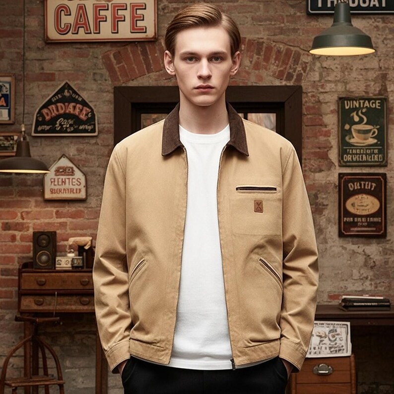 May include: A tan jacket with a brown corduroy collar and a white t-shirt underneath. The jacket has a zipper closure, a chest pocket, and two side pockets. The background is a brick wall with vintage signs.