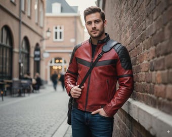 Chaqueta de motociclista de Deadpool / Disfraz de motociclista de piel sintética roja y negra