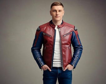 Chaqueta de cuero roja y azul inspirada en el Capitán América / Estilo motociclista de superhéroe / Chaqueta de cosplay de moto vintage para hombre