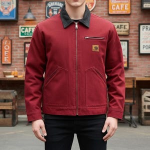 May include: A burgundy jacket with a gray collar and a zipper closure. The jacket has two front pockets and a small square patch on the chest. The model is wearing black pants. The jacket is a casual style.
