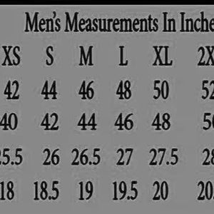 May include: A chart with the text "Men's Measurements In Inches" displays chest, waist, sleeves, and shoulder measurements in inches for sizes XXS to 5XL. The chart is on a gray background.