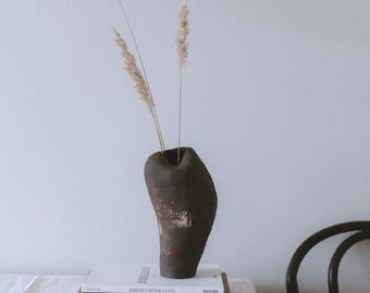 SOLD OUT- Handmade Sculptural Ceramic Vase - Dark Brown Stoneware, Textured Organic Form - Wabi Sabi Minimalist Decor