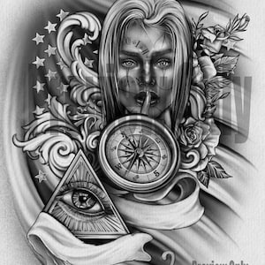 Woman Compass Tattoo Design Black and White
