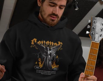 Gothic Armored Angel Hoodie: Dark Streetwear Pullover