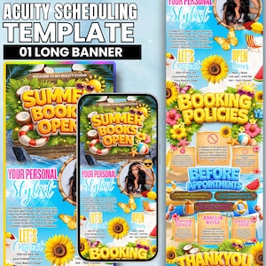 Könnte beinhalten: Acuity-Planungsvorlagen-Banner mit dem Text "Summer Books Open". Das Banner enthält ein Telefon-Mockup mit einem Foto einer Frau, Sonnenblumen und Buchungsinformationen. Das Banner ist im Sommer-Design gestaltet.