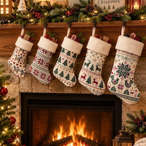 May include: Five cream-coloured Christmas stockings with white faux fur cuffs, each featuring distinct festive patterns including reindeer, pine trees, birds, and geometric shapes, hanging in a row from a wooden mantelpiece above a fireplace.