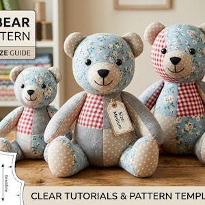 May include: A digital PDF sewing pattern for memory bears, featuring three plush bears made from patchwork fabric in blue floral, red gingham, and beige polka dot patterns. The pattern includes a 10-size guide, clear tutorials, and templates.