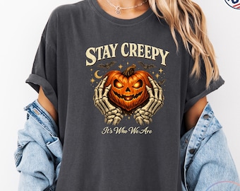 Stay Creepy Halloween Shirt, Comfort Colors Skeleton Pumpkin Heart Tee, Gothic Halloween Shirt, Jack O Lantern Spooky Gift