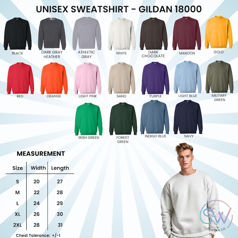 May include: A product image showcasing a variety of Gildan 18000 unisex sweatshirts in various colors, including black, white, red, and navy. The image also includes a size chart with measurements in inches, ranging from S to 2XL.