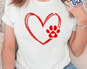 Dog Paw Heart Shirt, Dog Lover Tee, Cute Pet Love Graphic, Dog Mom Apparel