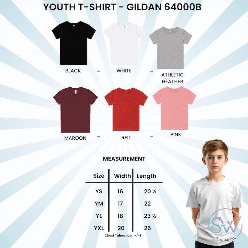 May include: A youth t-shirt in various colors, including black, white, maroon, red, pink, and athletic heather. The image displays a size chart with measurements in inches for width and length, ranging from YS to YXL sizes. A young person is wearing a white t-shirt.