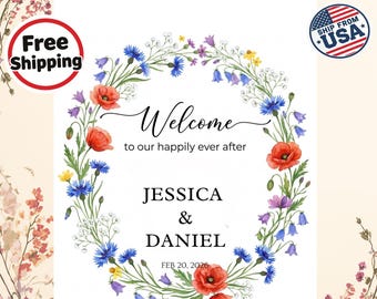 Personalized Wedding Welcome Sign, Wildflower Wedding Welcome Sign, Outdoor Yard Sign, Boho Floral Wedding Decor, Custom Entrance Sign 18x24