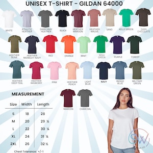 May include: A variety of Gildan 64000 unisex t-shirts in various colors, including white, black, and heather gray. The image displays a color chart with options like red, orange, and green. Measurements are provided in inches for sizes S to 2XL.
