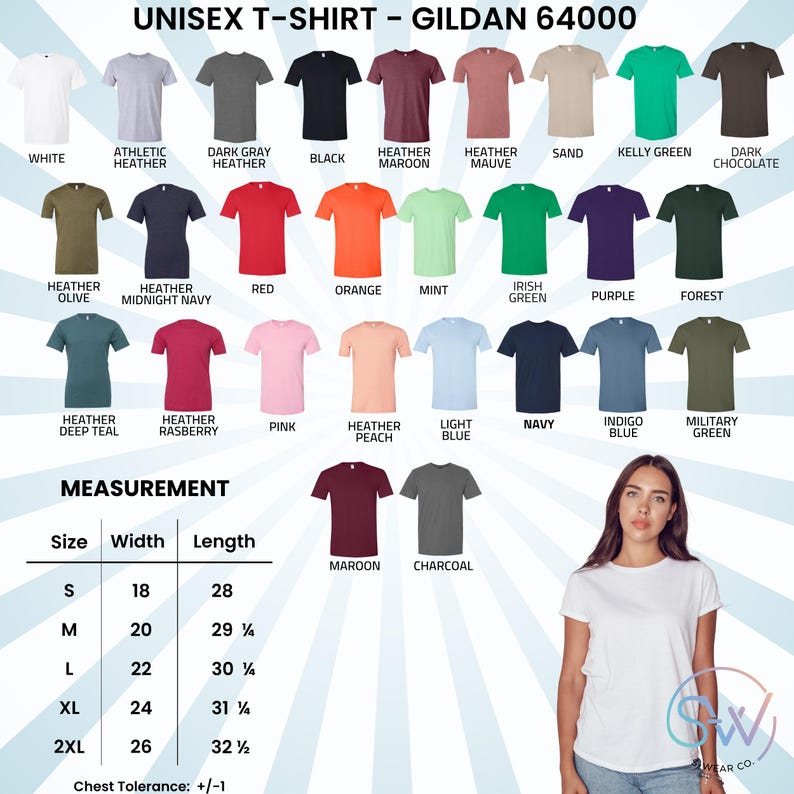 May include: A variety of Gildan 64000 unisex t-shirts in various colors, including white, black, and heather gray. The image displays a color chart with options like red, orange, and green. Measurements are provided in inches for sizes S to 2XL.