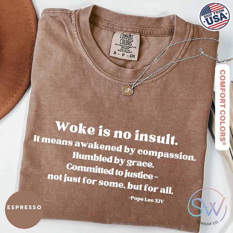 May include: Espresso-colored t-shirt with the text "Woke is no insult." and a quote by Pope Leo XIV. The shirt has a crew neck and short sleeves. A silver necklace with a pendant is draped across the shirt.