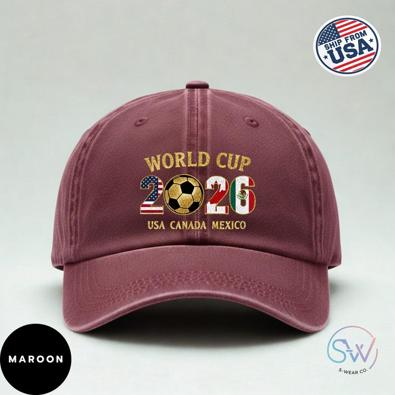 May include: Maroon baseball cap with "World Cup 2026" text and a soccer ball graphic. Features the USA, Canada, and Mexico flags. Includes a "Ship From USA" sticker.