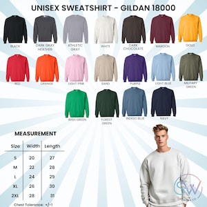 May include: A product image showcasing a variety of Gildan 18000 unisex sweatshirts in various colors, including black, white, red, and navy. The image also includes a size chart with measurements in inches and a model wearing a white sweatshirt.