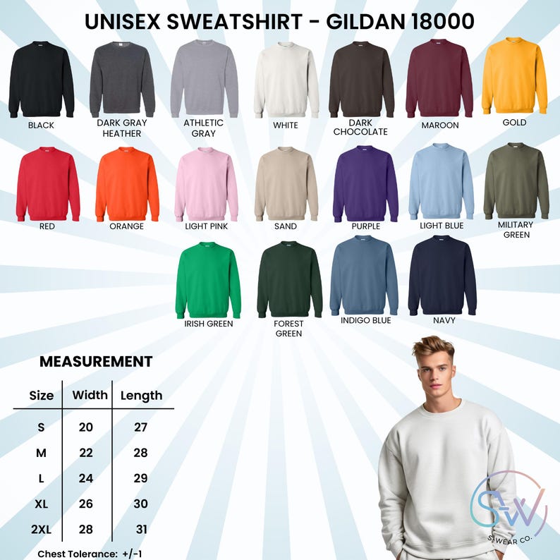 May include: A product image showcasing a variety of Gildan 18000 unisex sweatshirts in various colors, including black, white, red, and navy. The image also includes a size chart with measurements in inches and a model wearing a white sweatshirt.