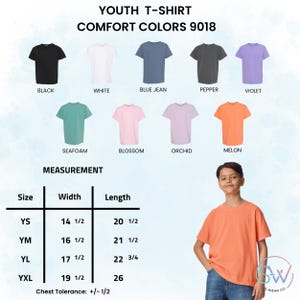 May include: A youth t-shirt in melon color is modeled in the image. The image displays a variety of t-shirt colors, including black, white, blue jean, pepper, violet, seafoam, blossom, and orchid. Measurement details are also provided, with widths ranging from 14 1/2 to 19 1/2 inches.