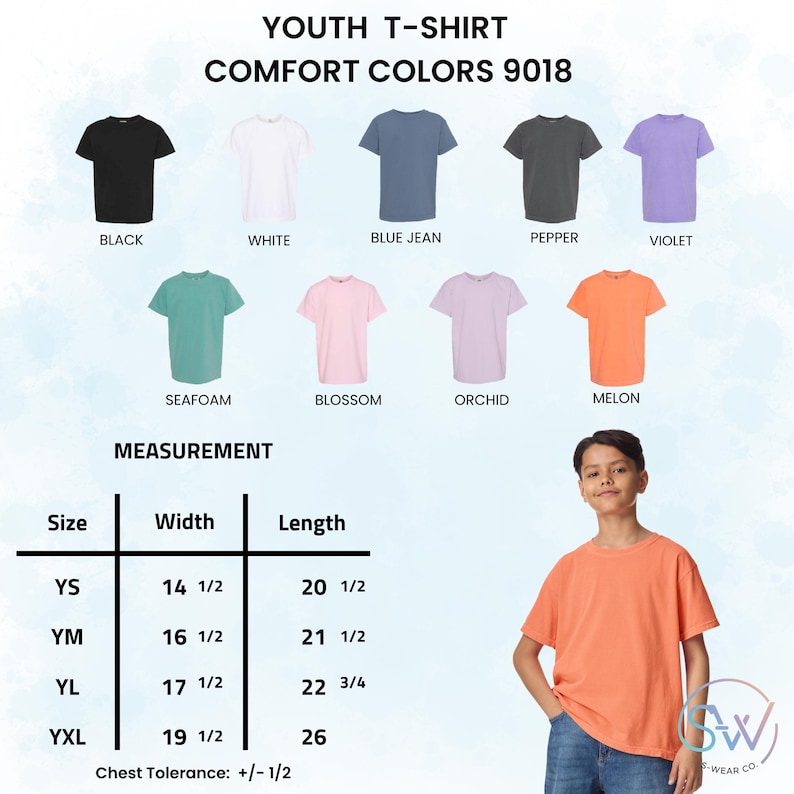 May include: A youth t-shirt in melon color is modeled in the image. The image displays a variety of t-shirt colors, including black, white, blue jean, pepper, violet, seafoam, blossom, and orchid. Measurement details are also provided, with widths ranging from 14 1/2 to 19 1/2 inches.