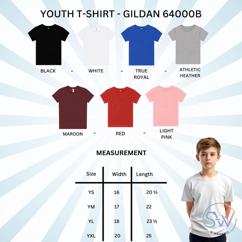 May include: A Gildan 64000B youth t-shirt color chart featuring black, white, true royal, athletic heather, maroon, red, and light pink options. Includes a size chart with width and length measurements in inches for YS, YM, YL, and YXL sizes.