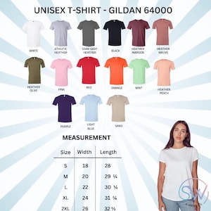 May include: A Gildan 64000 unisex t-shirt color chart displaying 14 variations including white, athletic heather, dark gray heather, black, maroon, mauve, olive, pink, red, orange, mint, peach, purple, light blue, and sand with a size chart.