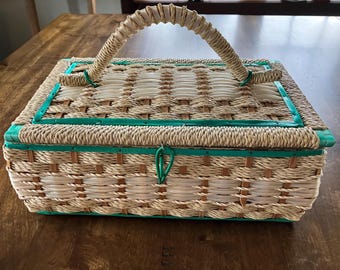 Vintage Wicker and Rattan Sewing Basket w/ Lid & Tray 13" x 8" x 5.5"