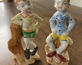 Pixie Elf Pair of Boy Vintage Ceramic Figurines 4.5"