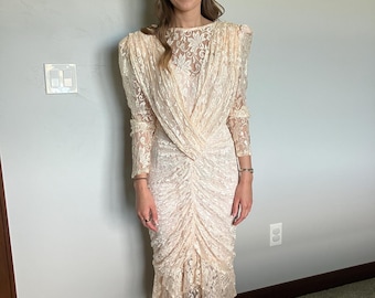 Vintage 1980s A La Carte California Lace Pink Blush Wedding Dress Small