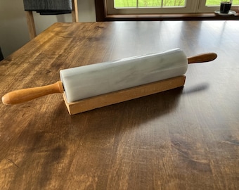 Polished White & Gray Marble Vintage Rolling Pin w/ Wooden Handles and Cradle Base 18"