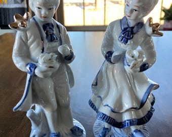 Blue, White & Gold Porcelain Vintage Victorian Couple 8"