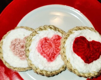 Crochet cookies Valentine's Day hearts display pretend play food amigurimi cookie valentine tiered tray accent heart