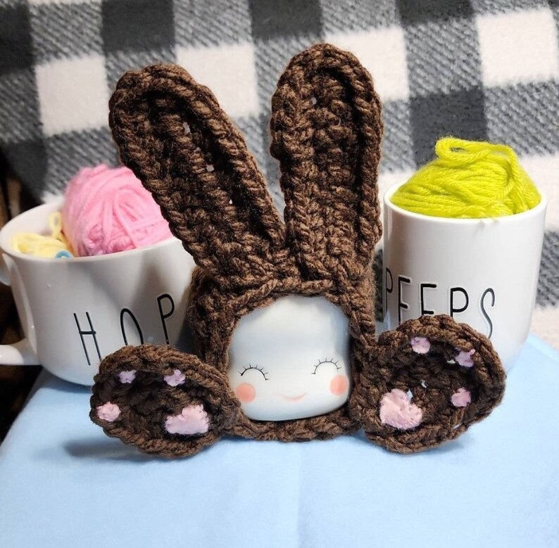 Brown Chocolate Bunny costume Hat Marshmallow Mug Tiered Tray Easter Rae Dunn rabbit hats bunnies brown ears pink ears image 1