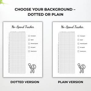 Peut inclure: Deux feuilles blanches de suivi des d&eacute;penses, une pointill&eacute;e et une unie, avec une grille pour le suivi des d&eacute;penses. Le texte "CHOOSE YOUR BACKGROUND - DOTTED OR PLAIN" est en haut. Chaque feuille a un graphique de sac d'argent.