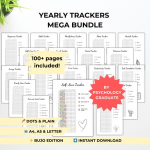 May include: A collection of printable yearly trackers, including happiness, sleep, and self-love trackers. The bundle includes over 100 pages and is available in A4, A5, and letter sizes. The design is a Bujo edition and an instant download.