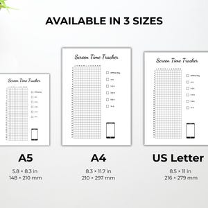 Peut inclure: Feuilles imprimables blanches de suivi du temps d'&eacute;cran en trois tailles : A5 (148 x 210 mm), A4 (210 x 297 mm) et US Letter (216 x 279 mm). Chaque feuille comprend une grille de suivi du temps, une section pour les jours hors ligne et une ic&ocirc;ne de smartphone. Le texte "Screen Time Tracker" est en haut.