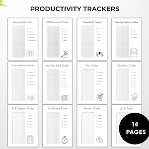 Peut inclure: Un ensemble de 14 pages blanches de suivi de productivit&eacute; avec du texte et des illustrations noirs. Les pages incluent des suivis pour les objectifs d'apprentissage, l'am&eacute;lioration des comp&eacute;tences et le blocage du temps. Les mots "PRODUCTIVITY TRACKERS" et "14 PAGES" sont &eacute;galement visibles.