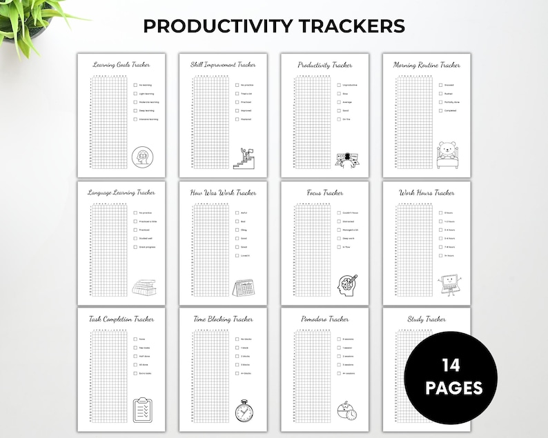 Peut inclure: Un ensemble de 14 pages blanches de suivi de productivit&eacute; avec du texte et des illustrations noirs. Les pages incluent des suivis pour les objectifs d'apprentissage, l'am&eacute;lioration des comp&eacute;tences et le blocage du temps. Les mots "PRODUCTIVITY TRACKERS" et "14 PAGES" sont &eacute;galement visibles.