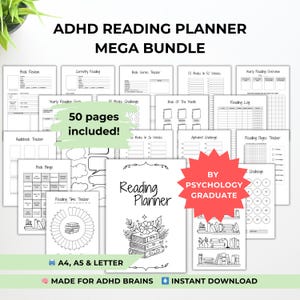 Peut inclure: Un ensemble de planification de lecture ADHD en noir et blanc avec 50 pages. La couverture présente un motif floral et les mots "Reading Planner". Comprend des suivis pour les critiques de livres, les journaux de lecture et les défis. Le texte comprend "Made for ADHD Brains" et "Instant Download."