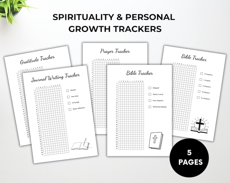 Peut inclure: Cinq pages blanches avec du texte noir, con&ccedil;ues pour le suivi de la spiritualit&eacute; et de la croissance personnelle. Les pages comprennent des trackers pour la gratitude, la pri&egrave;re, l'&eacute;criture de journal et l'&eacute;tude de la Bible. Le texte "SPIRITUALITY & PERSONAL GROWTH TRACKERS" est en haut.