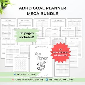 Peut inclure: Un ensemble de pages de planification imprimables pour le TDAH, comprenant la définition d'objectifs, des suivis quotidiens, etc. Le lot comprend 50 pages et est disponible aux formats A4, A5 et Lettre. La couverture affiche "Goal Planner" avec une cible.